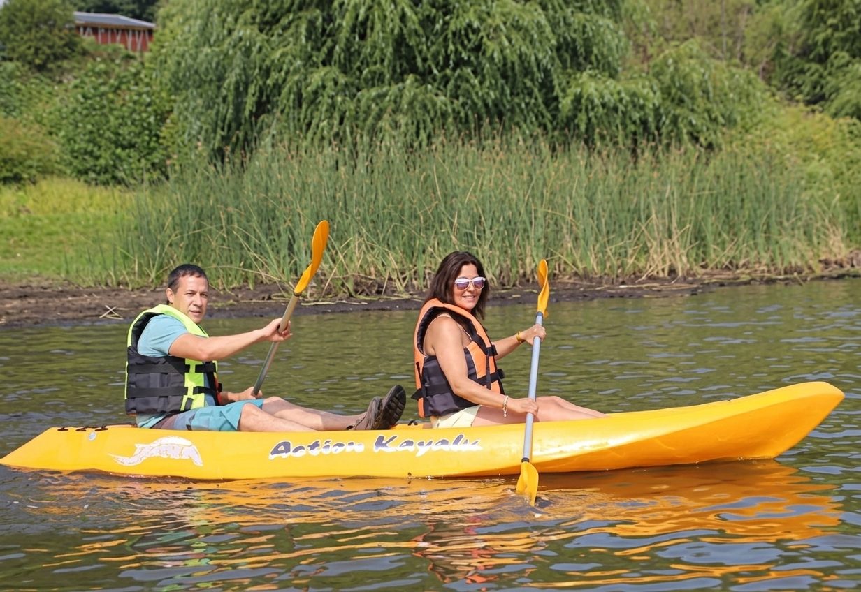 Dos personas con chaleco salvavidas remando en un kayak doble amarillo por el lago, con la vegetación de la orilla al fondo